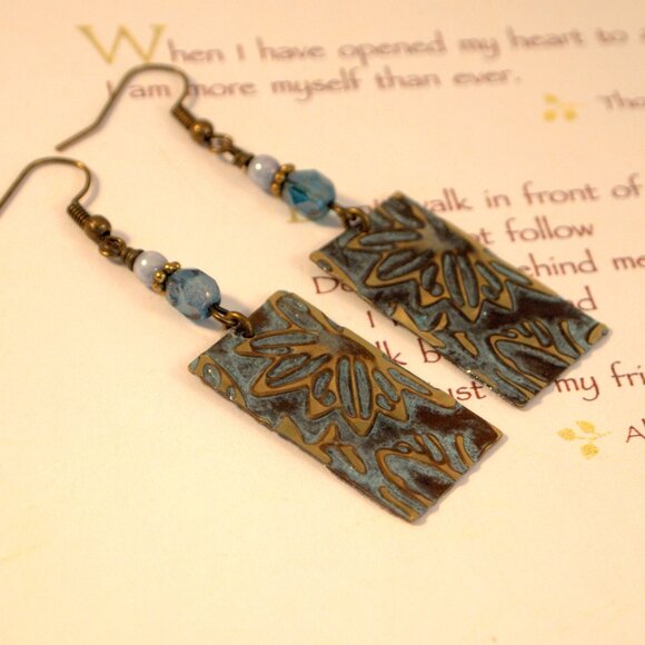 Brass Hand Embossed Earrings Blue Czech Glass Earrings Patina Brass Earrings - Picture 1 of 9